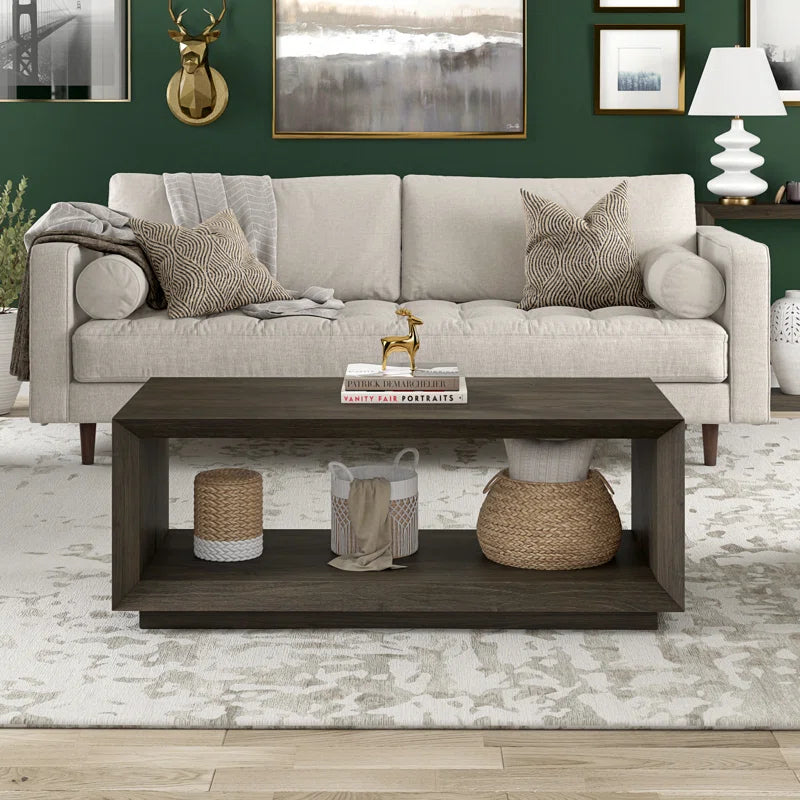 Modern Rectangular Coffee Table| Wood-Grain Finish Center Table with Plinth Base