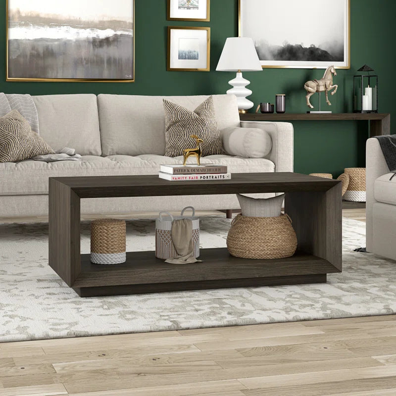 Modern Rectangular Coffee Table| Wood-Grain Finish Center Table with Plinth Base