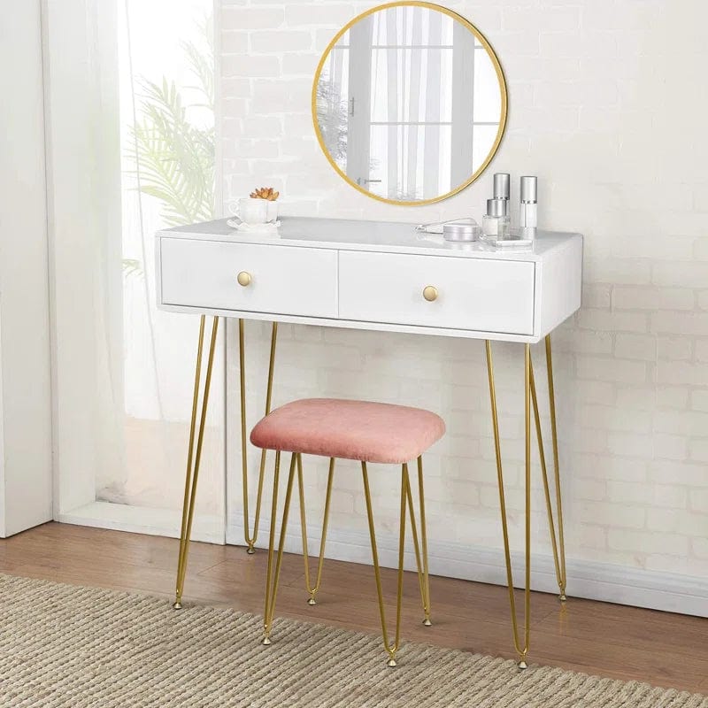 Bumble Vanity Desk with 2 Drawers, White Computer Desk with Gold Leg, Makeup Desssing Table for Bedroom (White)
