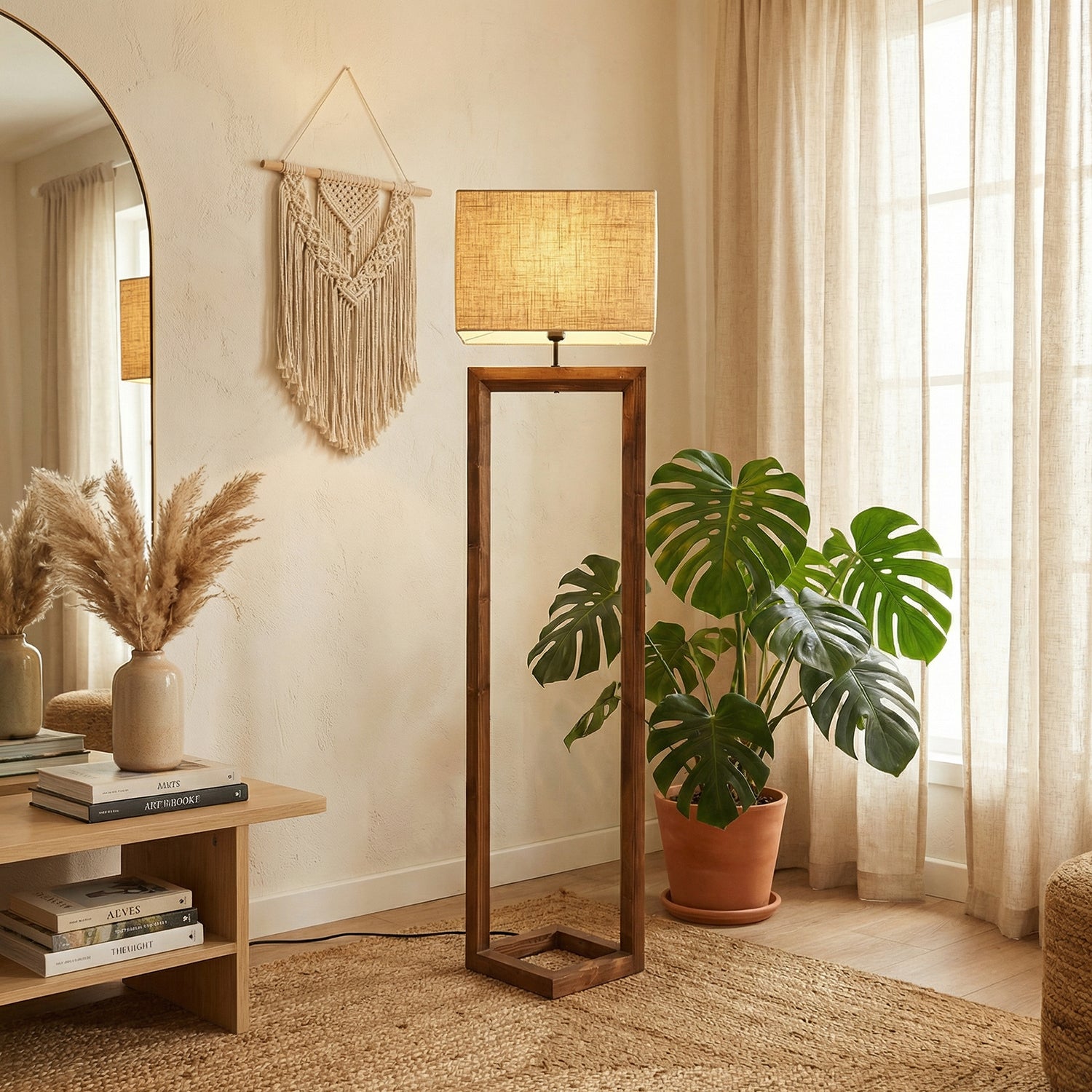 Flex Wooden Floor Lamp with Brown Base and Beige Fabric Lampshade (BULB NOT INCLUDED)