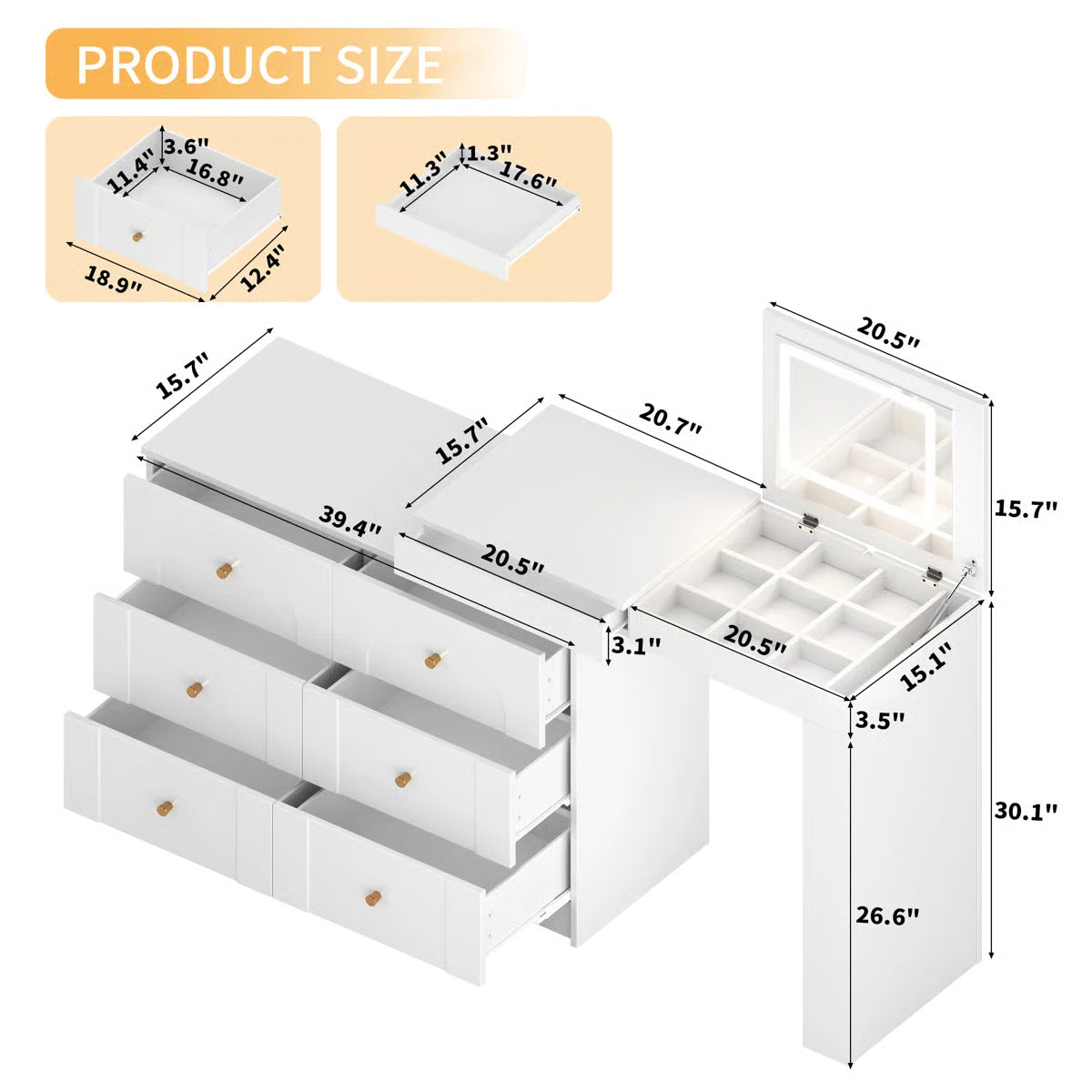 Thorn Flip-Top LED Makeup Vanity Table with Storage Drawers