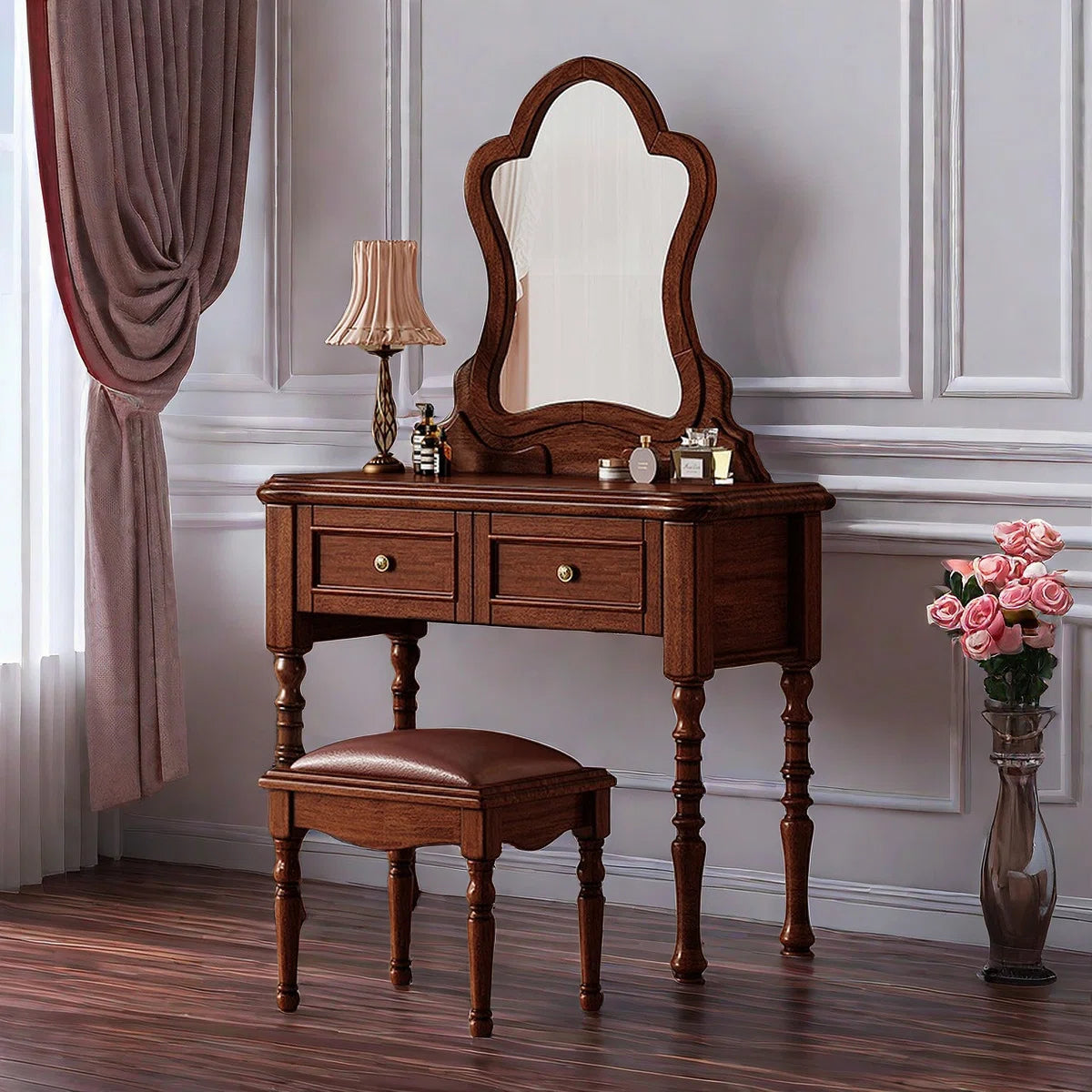 Vintage Mahogany Makeup Vanity Set with Petal Mirror & Stool