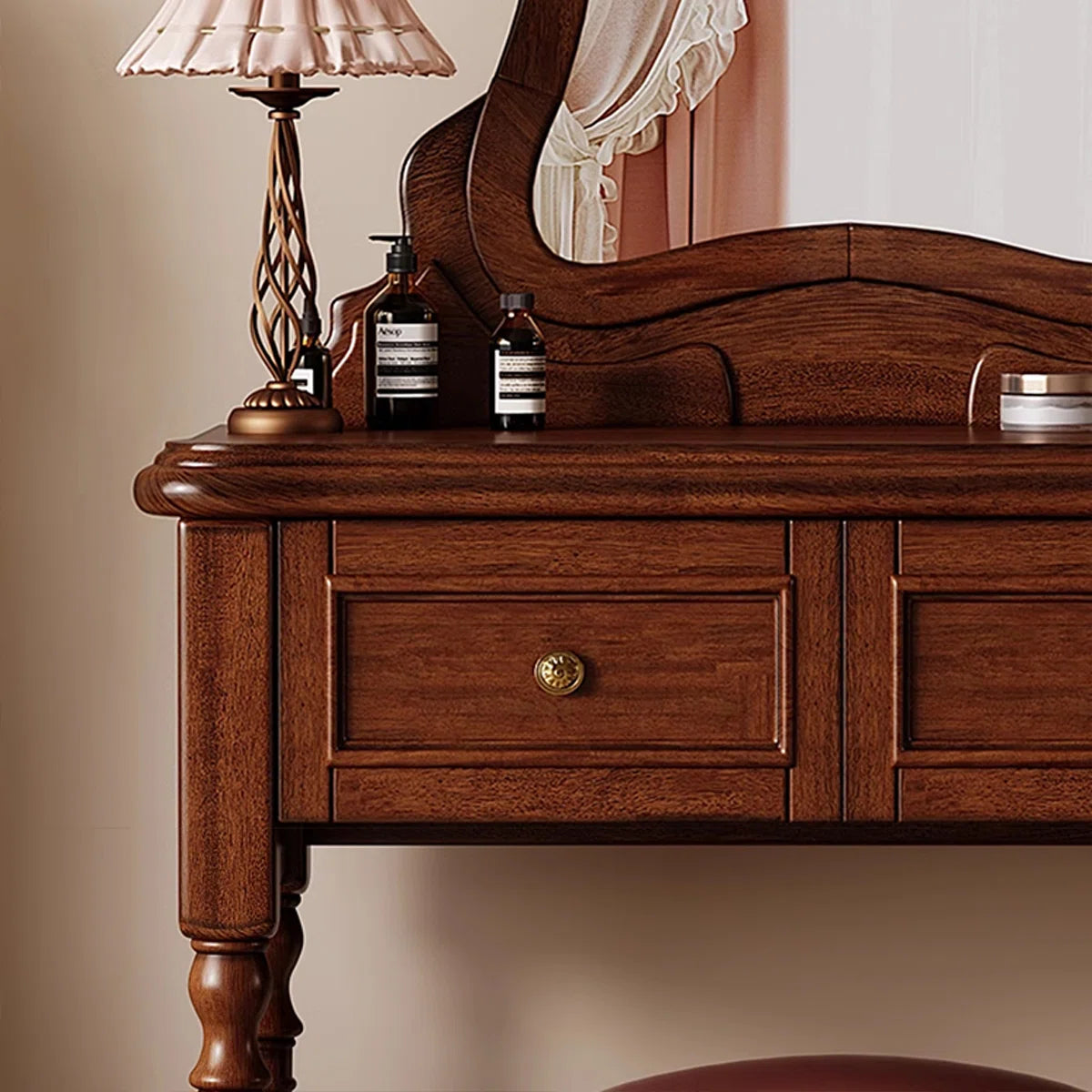 Vintage Mahogany Makeup Vanity Set with Petal Mirror & Stool