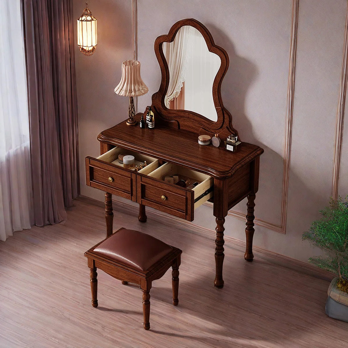 Vintage Mahogany Makeup Vanity Set with Petal Mirror & Stool