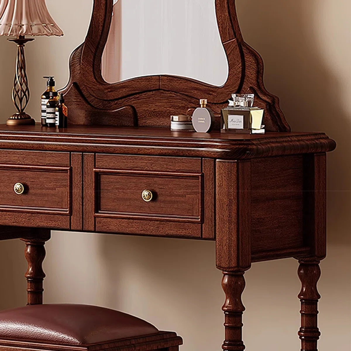 Vintage Mahogany Makeup Vanity Set with Petal Mirror & Stool