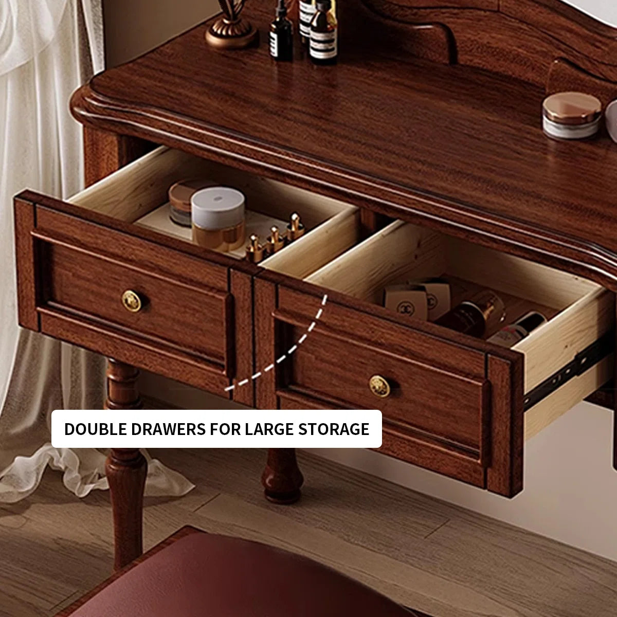 Vintage Mahogany Makeup Vanity Set with Petal Mirror & Stool