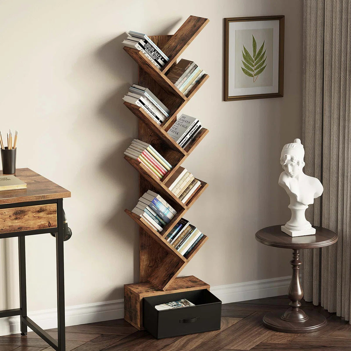 Rustic Brown Tree Bookshelf with 8 Shelves and Storage Drawer