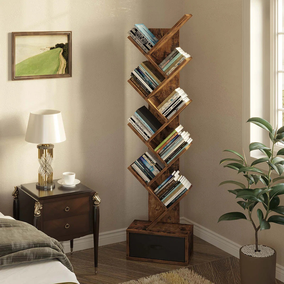 Rustic Brown Tree Bookshelf with 8 Shelves and Storage Drawer
