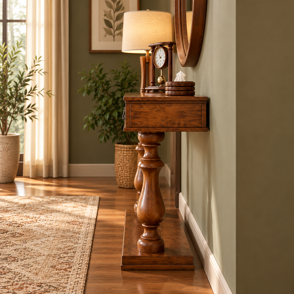 Traditional Wooden Console Table with 3 Drawers, Antique Brass Handles, Turned Legs and Walnut Finish for Living Room & Entryway