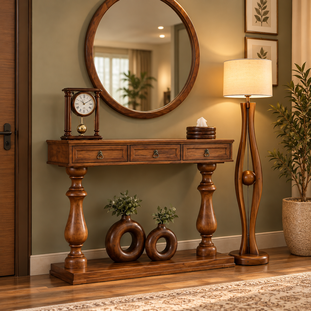 Traditional Wooden Console Table with 3 Drawers, Antique Brass Handles, Turned Legs and Walnut Finish for Living Room & Entryway