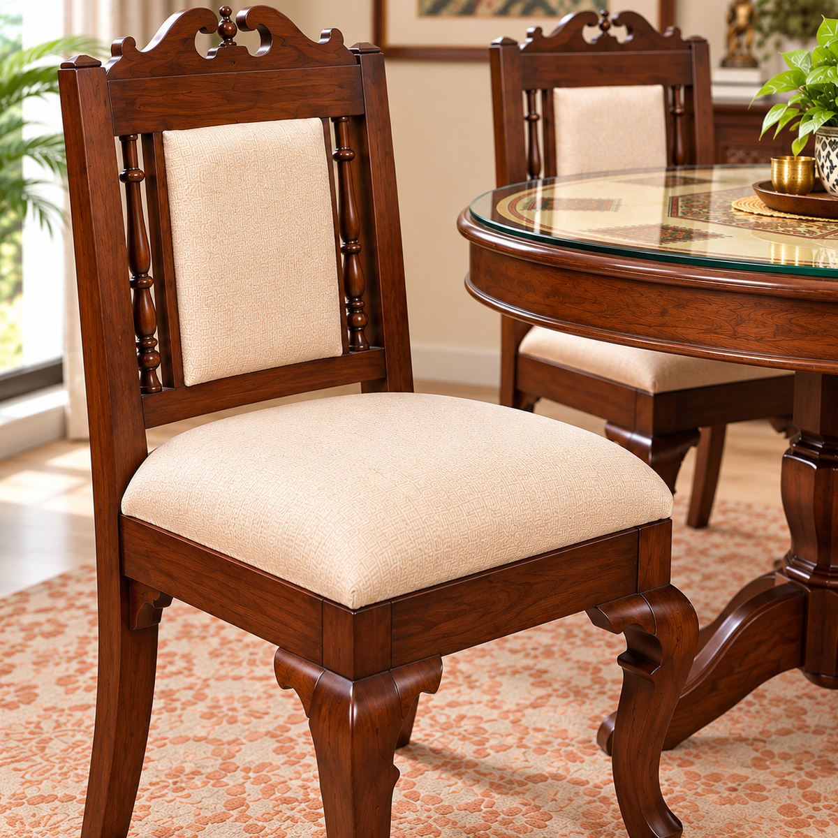 Traditional Wooden Dining Chair | Carved Solid Wood Chair with Upholstered Seat & Back for Dining Room