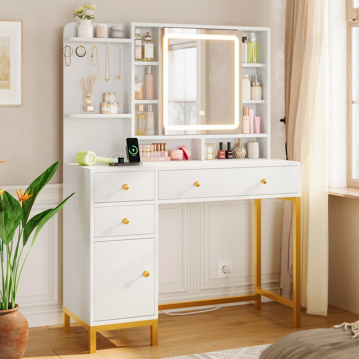 Lighted Makeup Vanity Desk with 4 Drawers and Cabinet for Bedroom, 15.7"D x 38.6"W x 54.3"H-OUCH CART | Dressing table