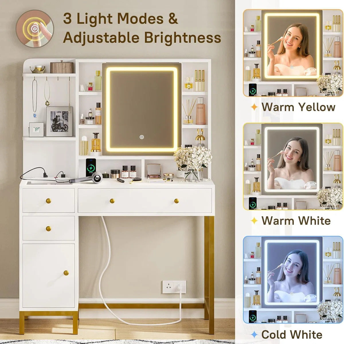 Lighted Makeup Vanity Desk with 4 Drawers and Cabinet for Bedroom, 15.7"D x 38.6"W x 54.3"H