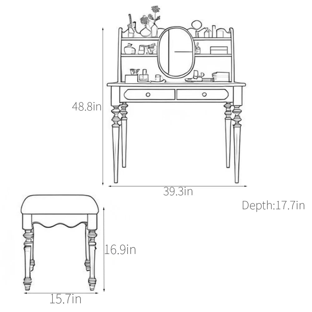 Title: Solid Wood Dressing Table with Stool & Ample Storage – Dark Brown Finish