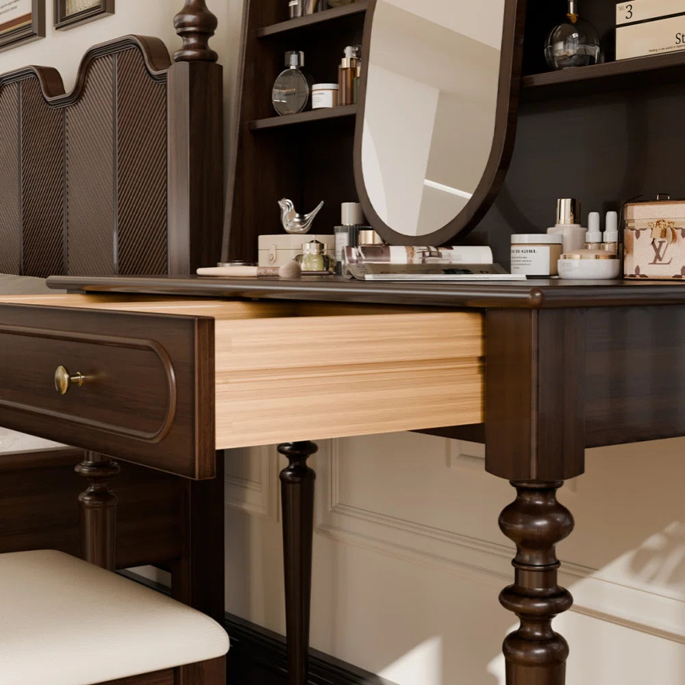 Solid Wood Dressing Table with Stool & Ample Storage – Dark Brown Finish