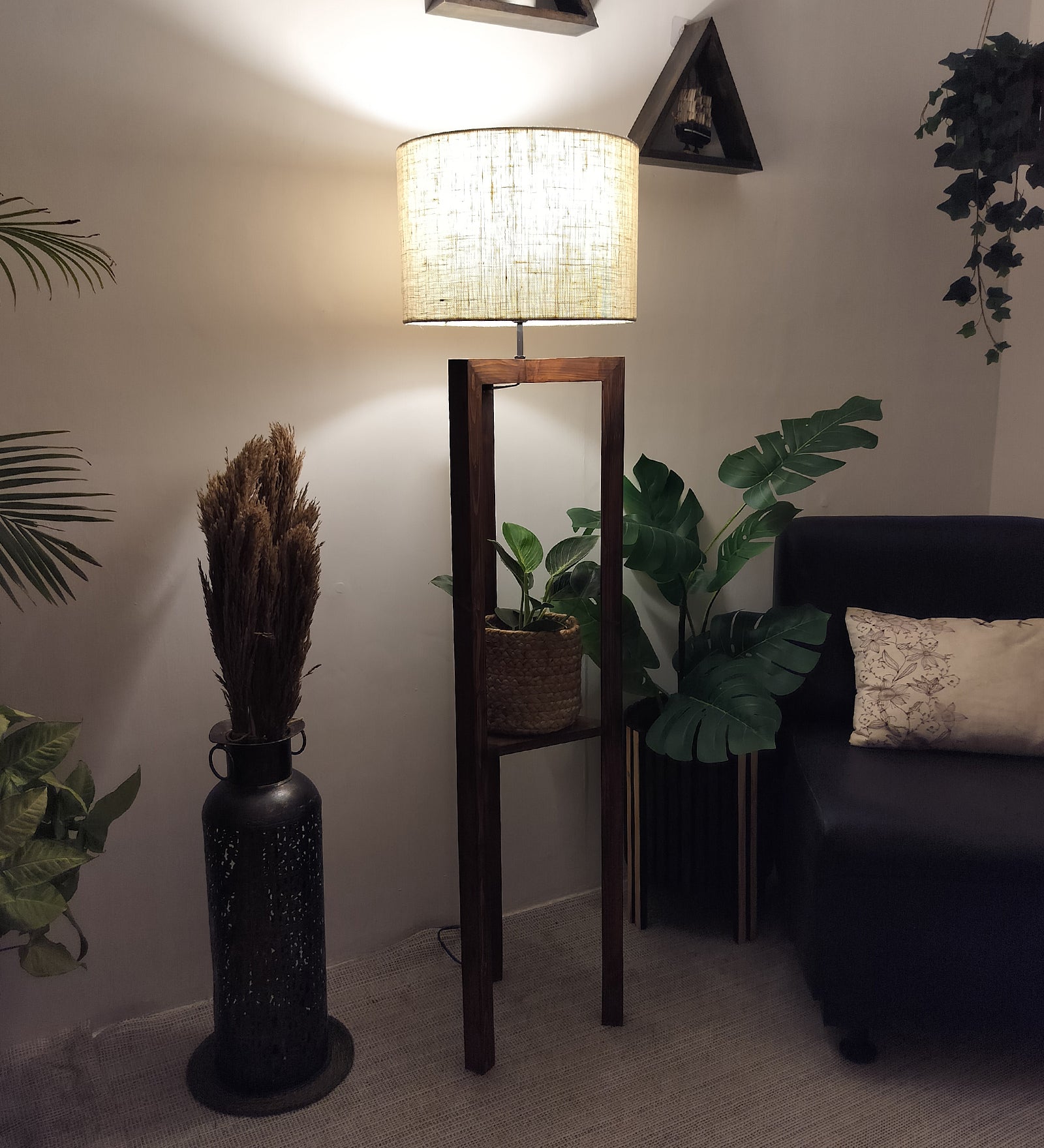 Triad Wooden Floor Lamp with Brown Base and Beige Fabric Lampshade (BULB NOT INCLUDED)