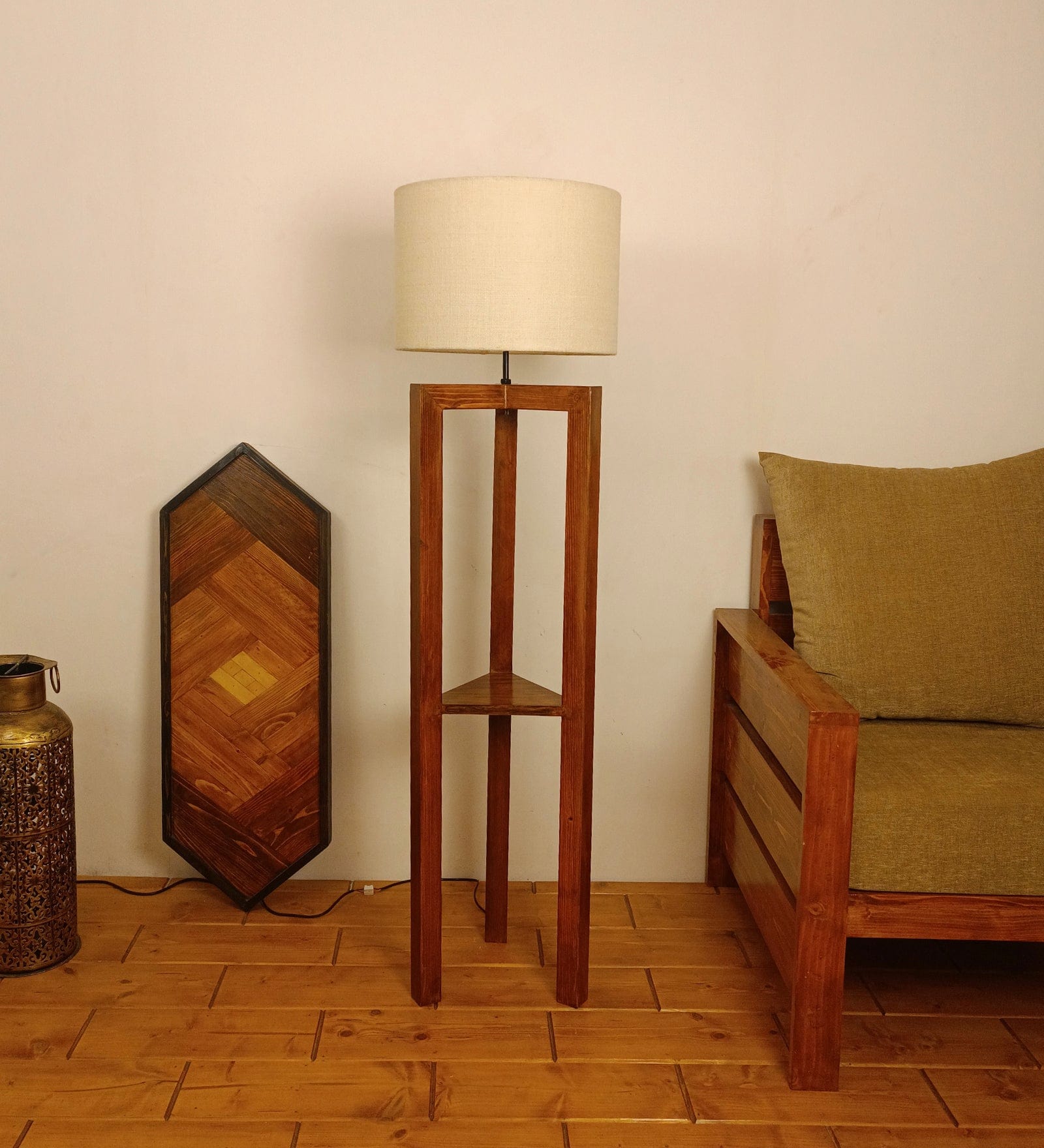 Triad Wooden Floor Lamp with Brown Base and Beige Fabric Lampshade (BULB NOT INCLUDED)
