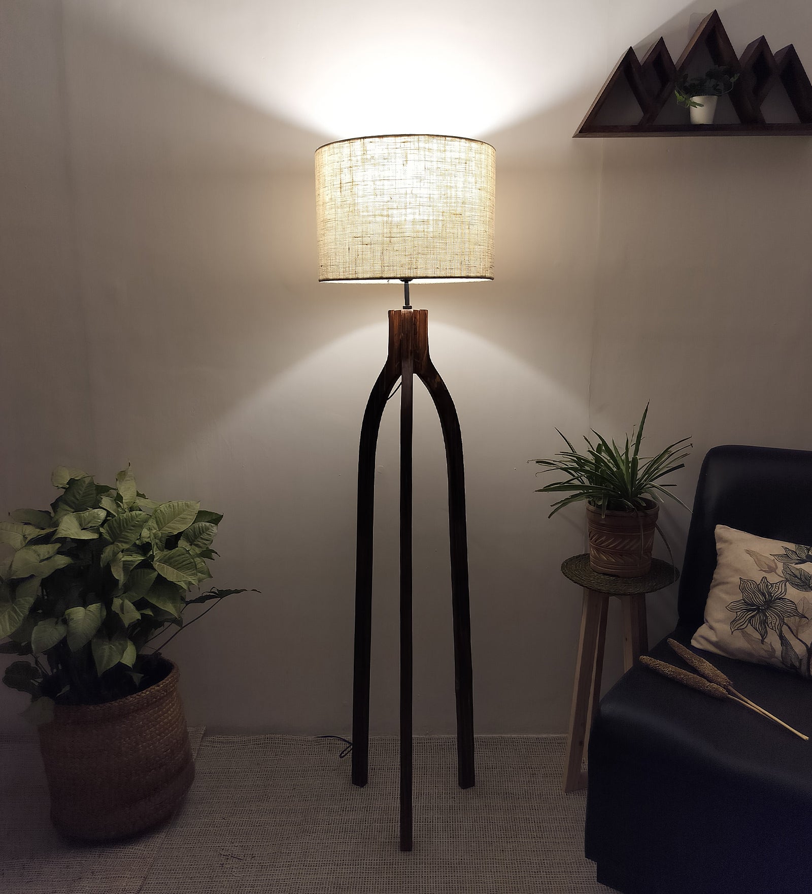 Trilogy Wooden Floor Lamp with Brown Base and Jute Fabric Lampshade