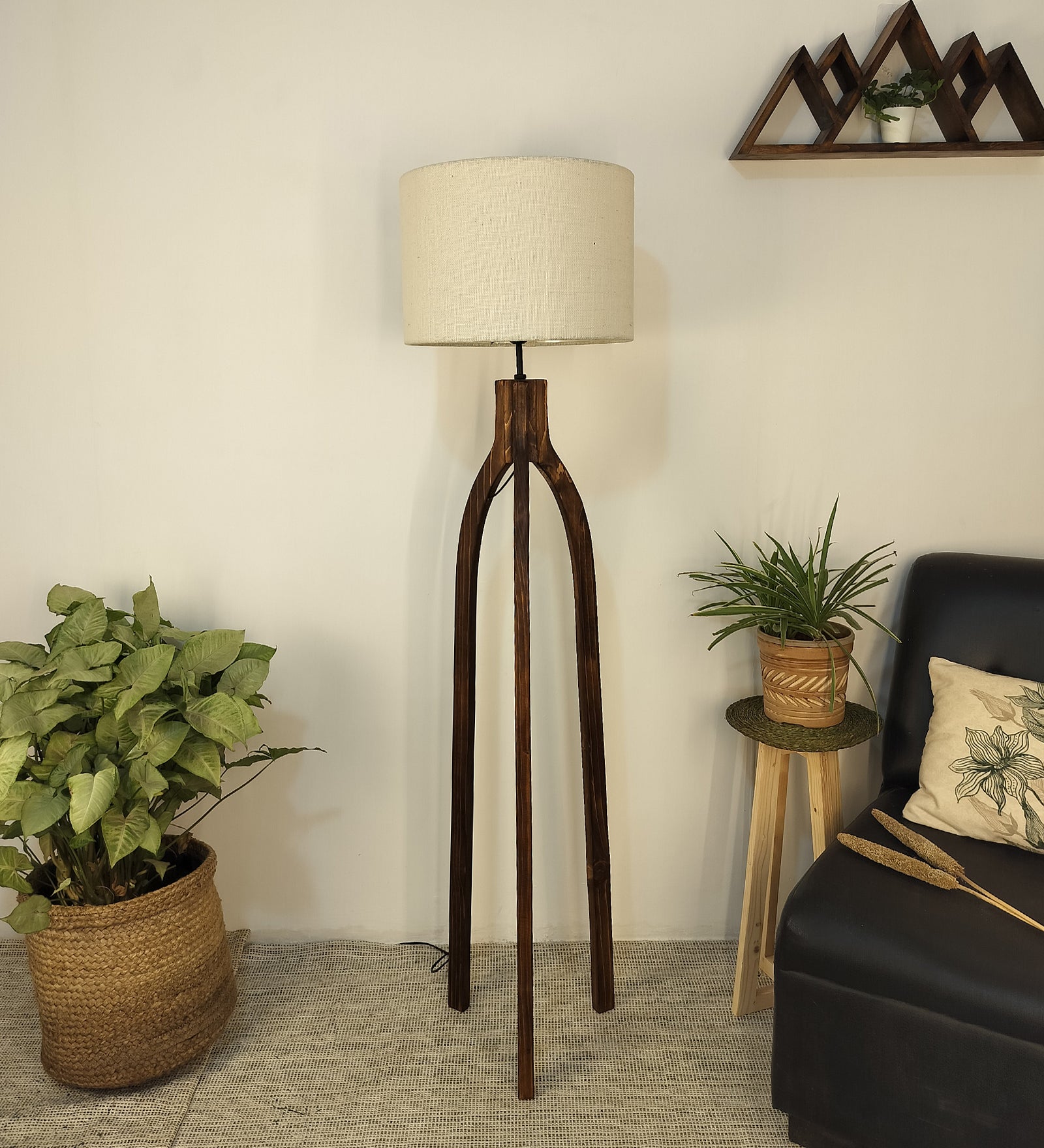 Trilogy Wooden Floor Lamp with Brown Base and Jute Fabric Lampshade