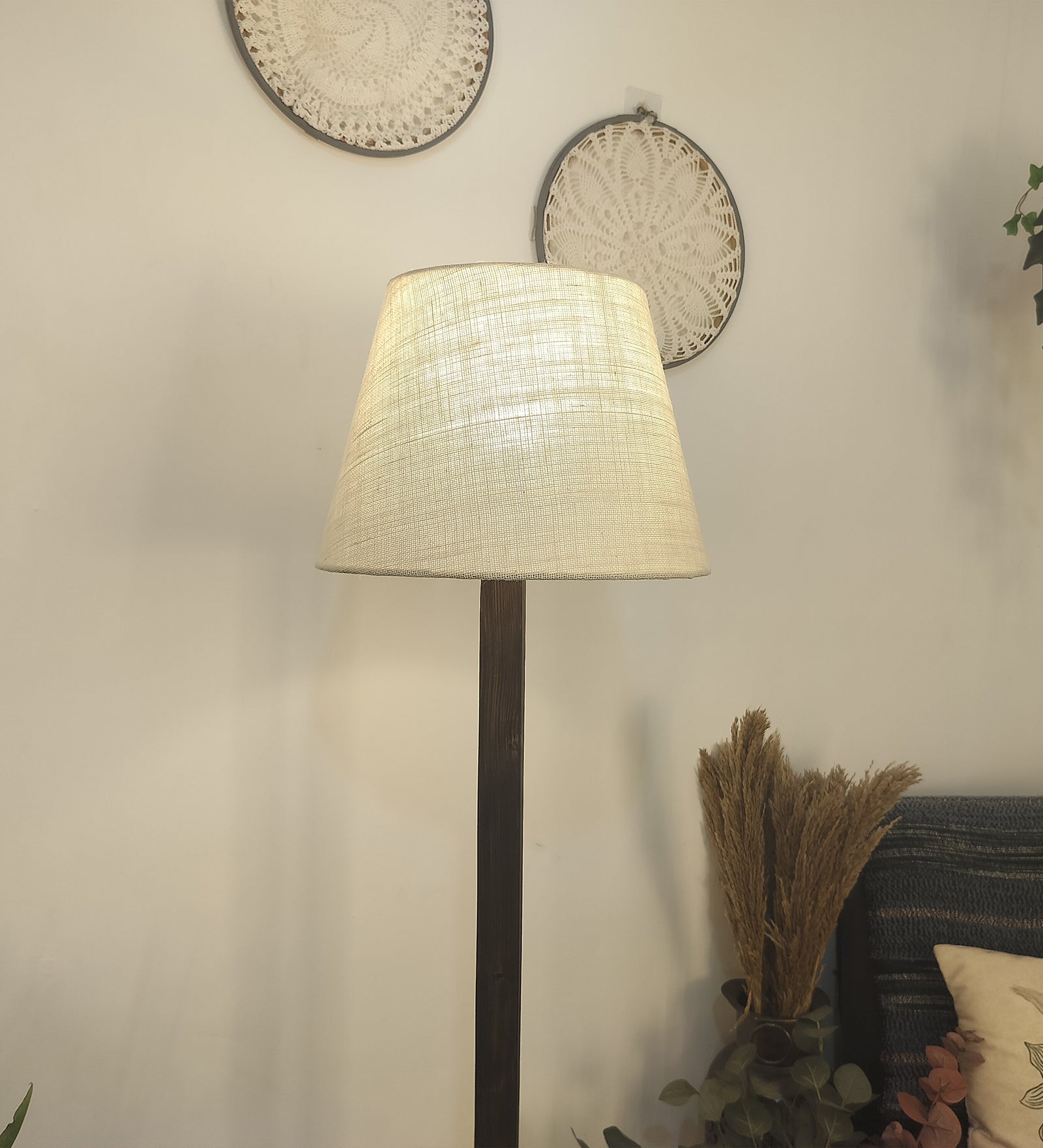 Trinca Wooden Floor Lamp with Brown Base and Jute Fabric Lampshade (BULB NOT INCLUDED)