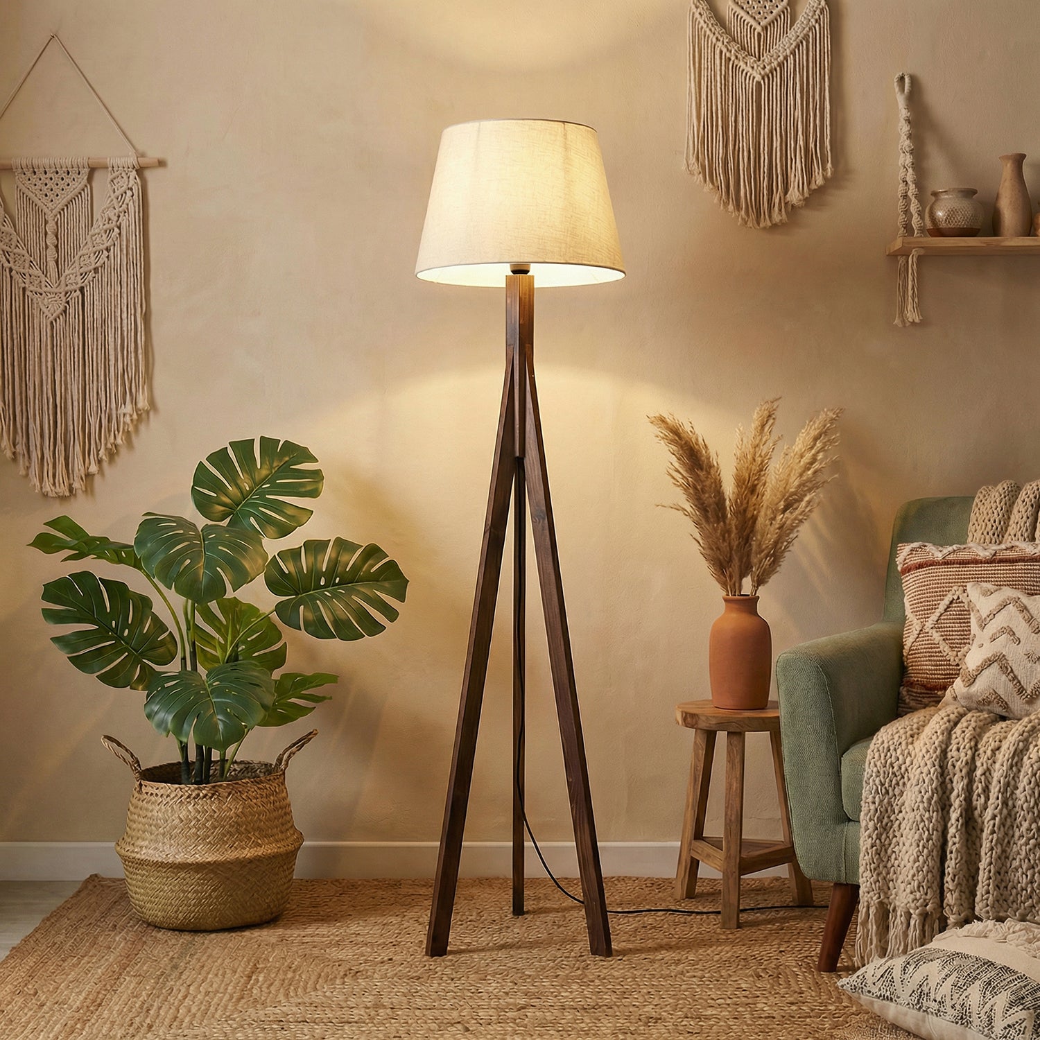 Triune Wooden Floor Lamp with Brown Base and Beige Fabric Lampshade (BULB NOT INCLUDED)