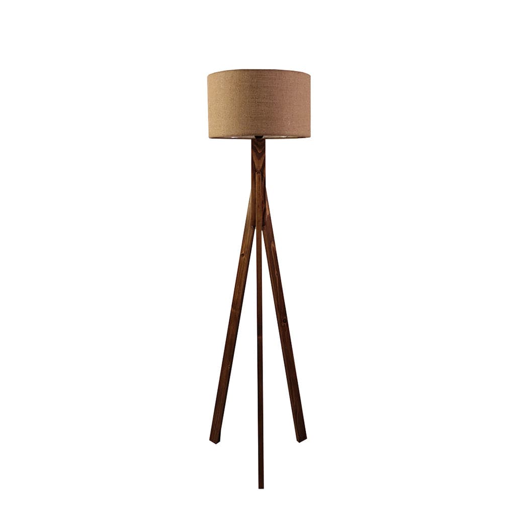 Triune Wooden Floor Lamp with Brown Base and Beige Fabric Lampshade (BULB NOT INCLUDED)