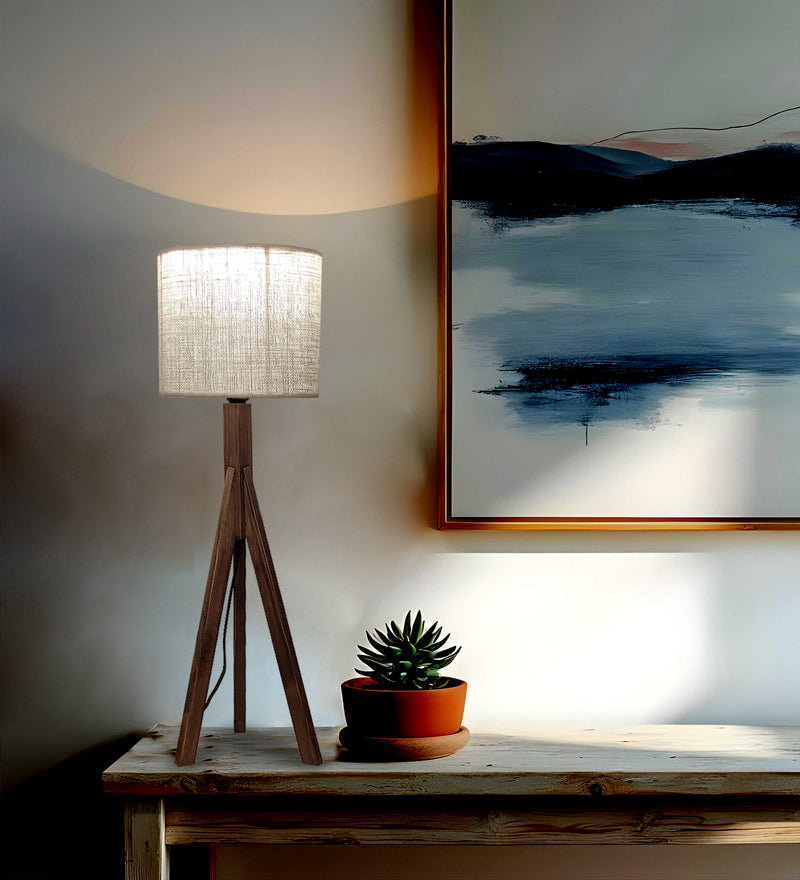 Triune-Brown-Wooden-Table-Lamp-1.jpg Triune Brown Wooden Table Lamp with White Printed Lampshade (BULB NOT INCLUDED) - Image 1