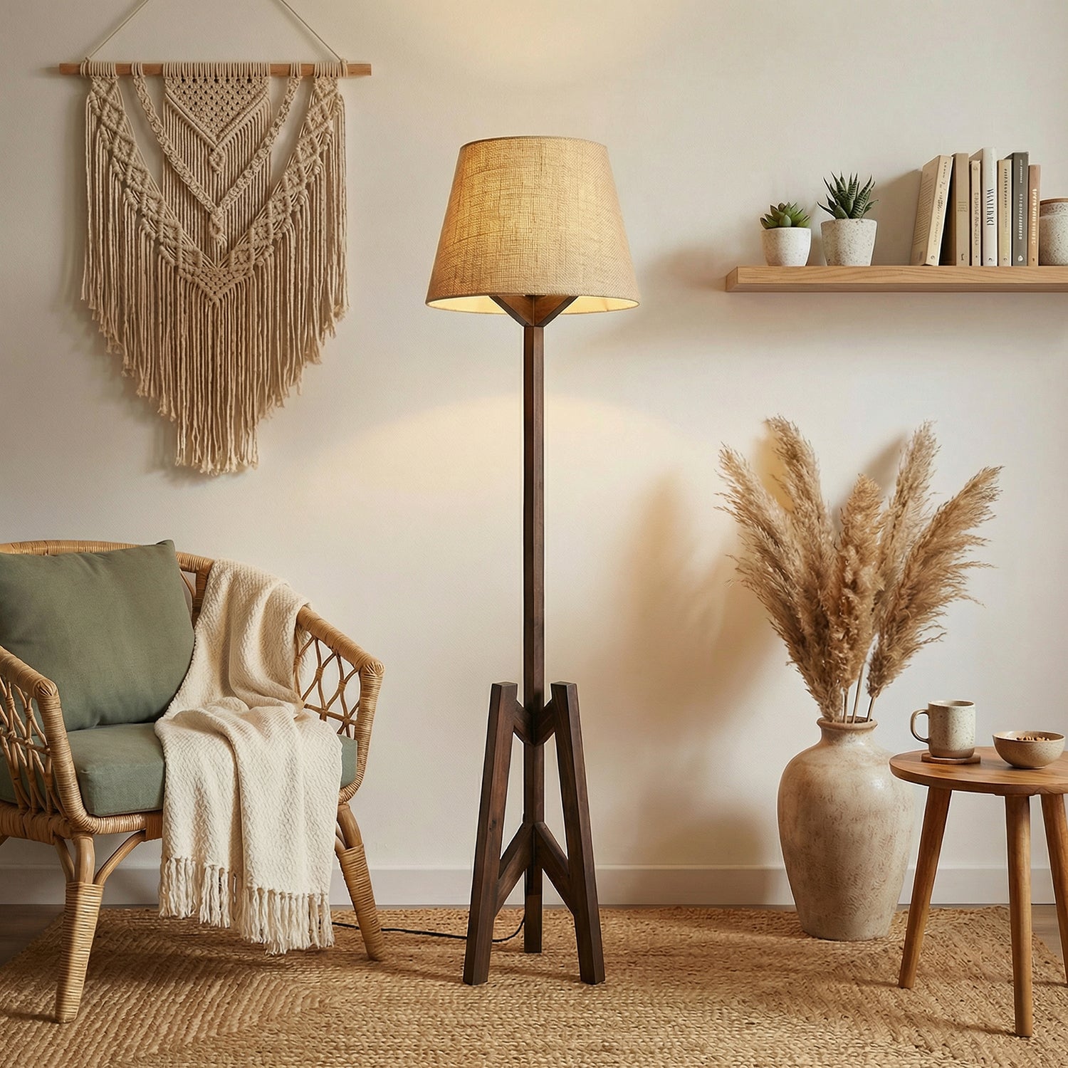 Troika Wooden Floor Lamp with Brown Base and Premium Beige Fabric Lampshade (BULB NOT INCLUDED)