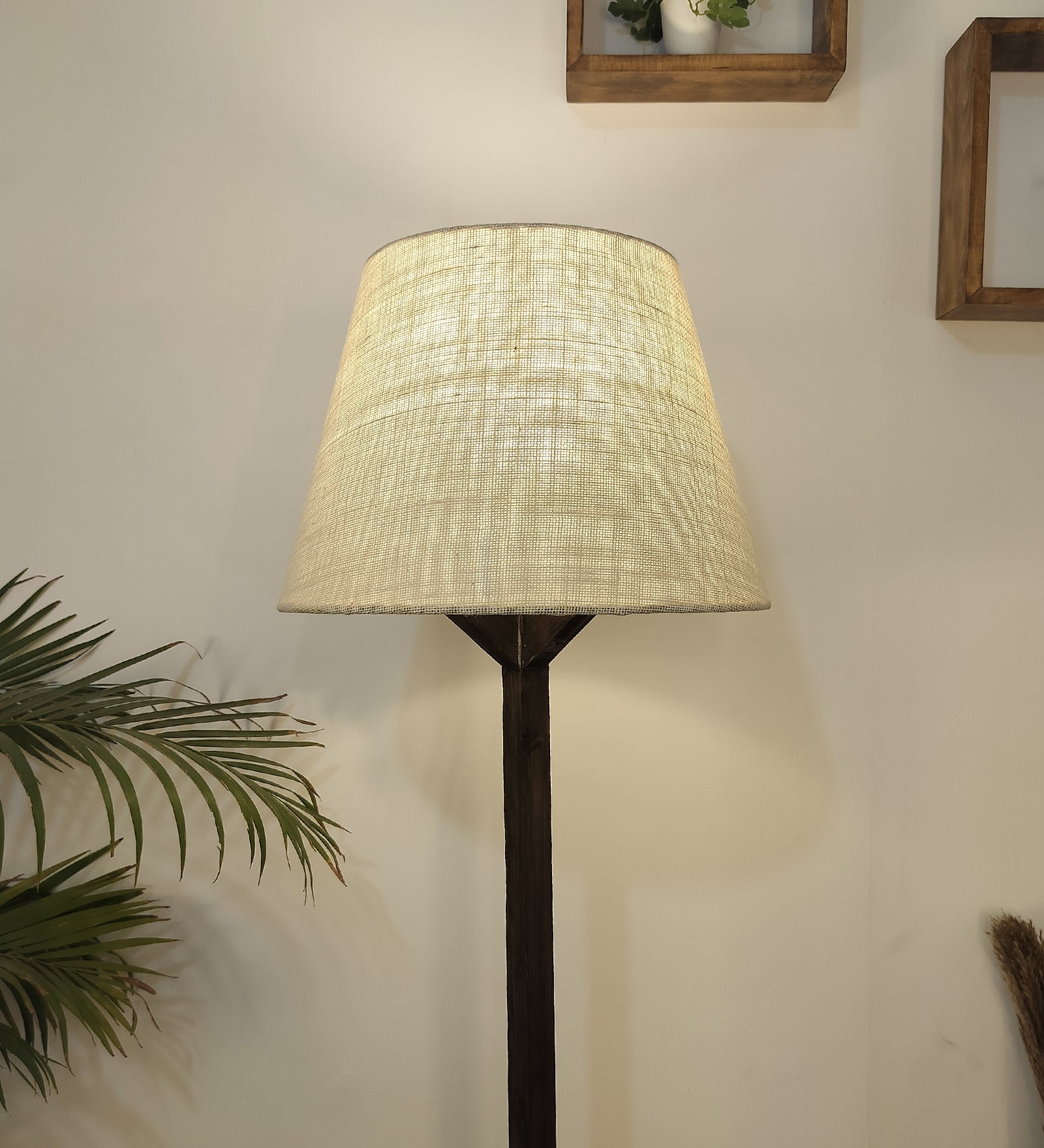 Troika Wooden Floor Lamp with Brown Base and Premium Beige Fabric Lampshade (BULB NOT INCLUDED)