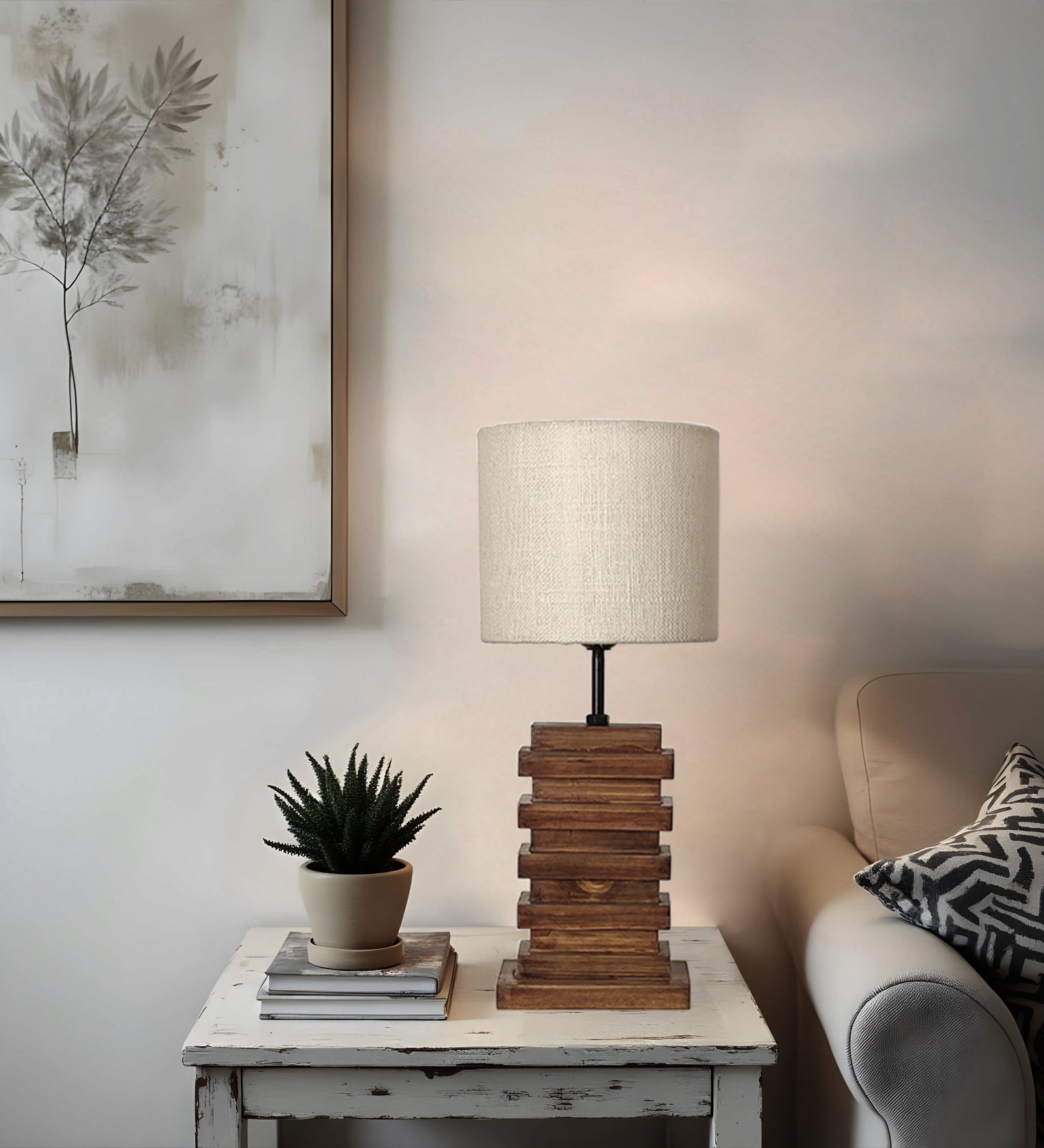 Truffle Beige Wooden Table Lamp with Red Printed Fabric Lampshade (BULB NOT INCLUDED)