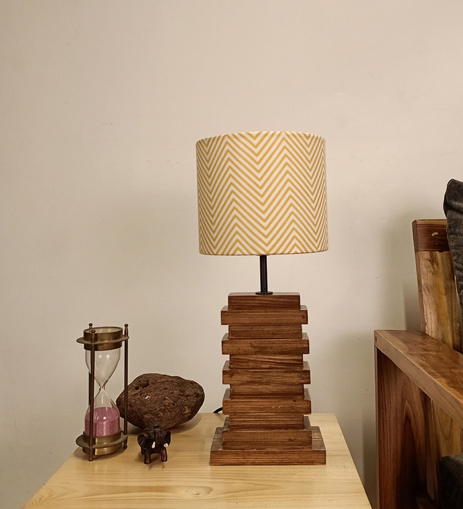 Truffle Beige Wooden Table Lamp with Red Printed Fabric Lampshade (BULB NOT INCLUDED)