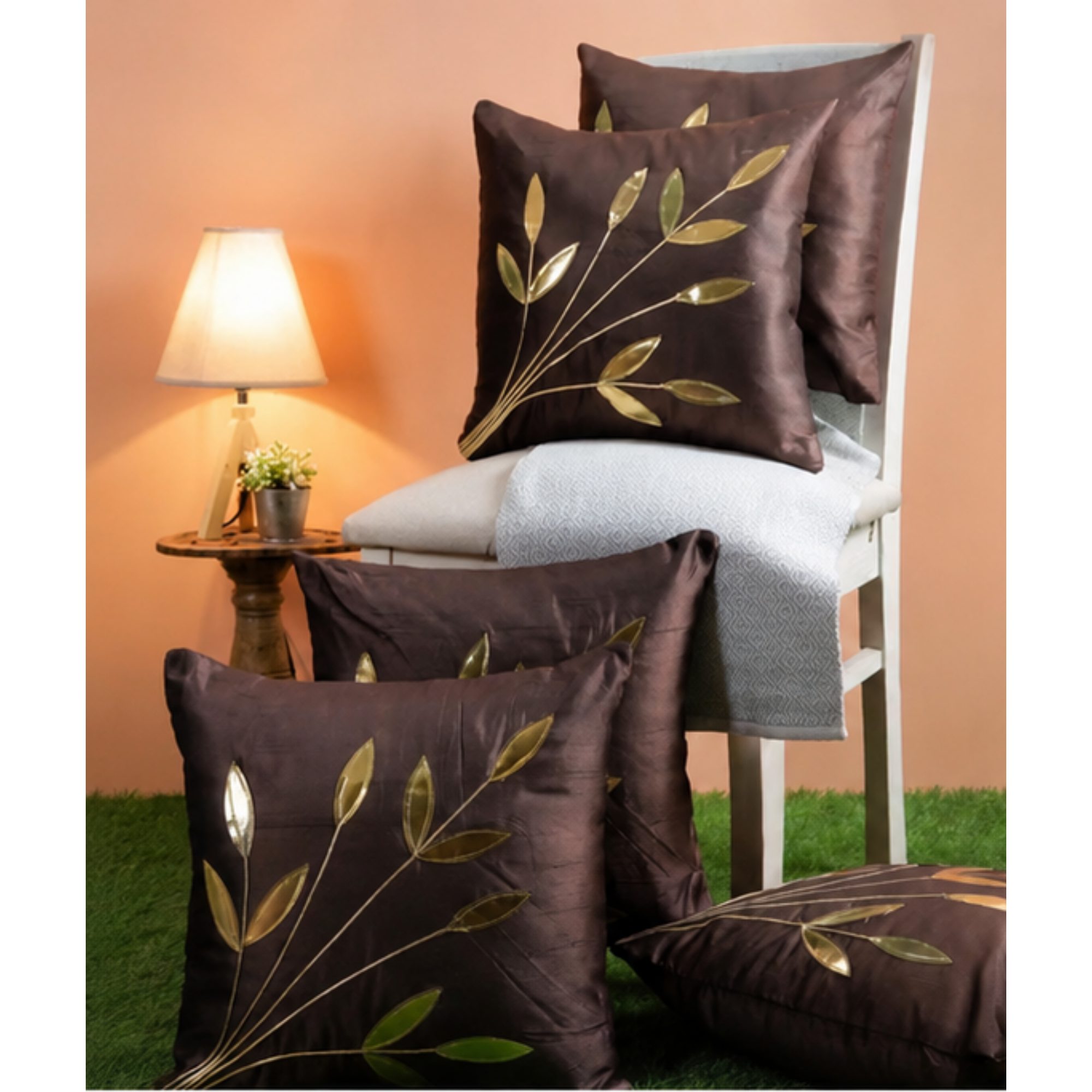Gorgeous Brown Silk Cushion Covers – Elegant Leaf Embroidery