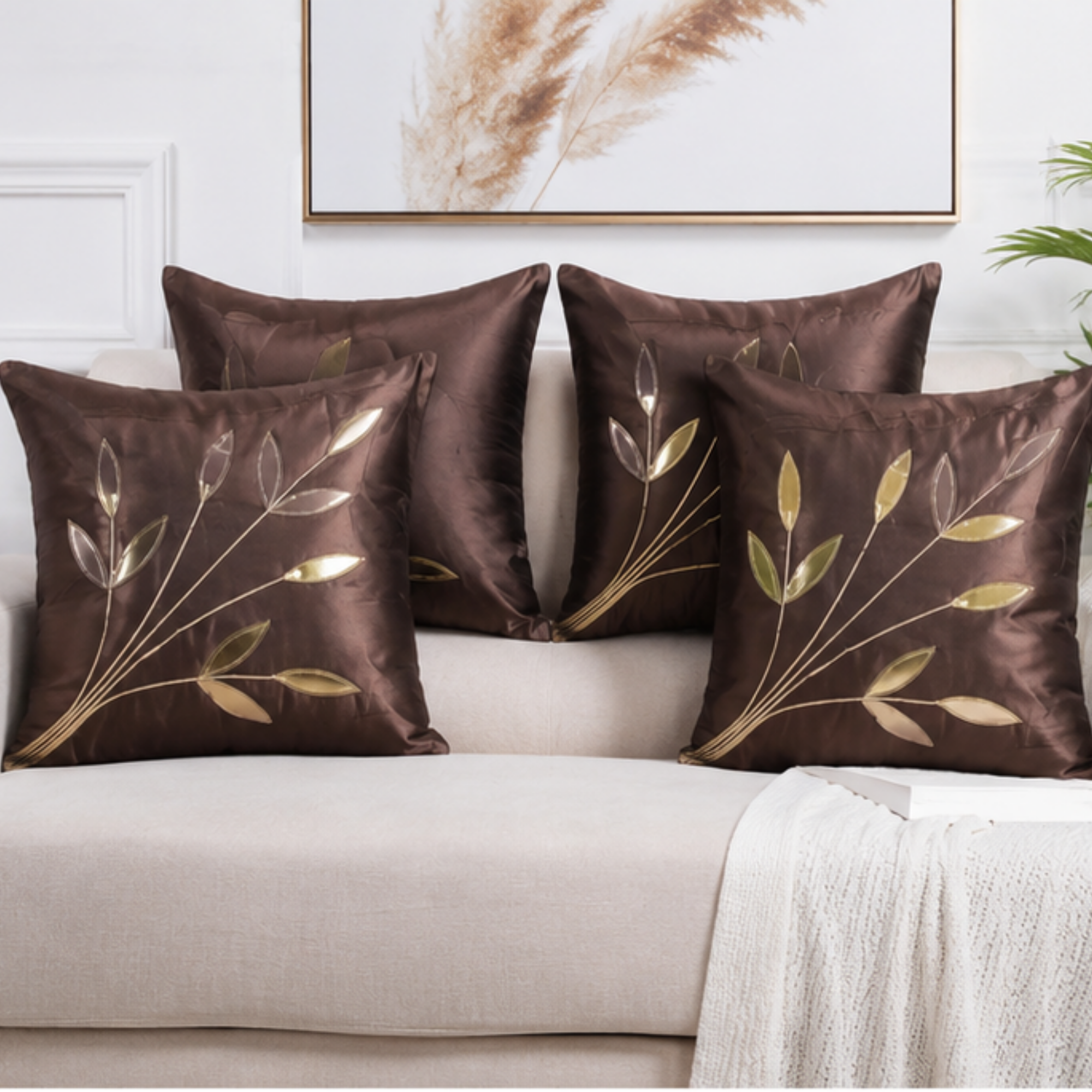 Gorgeous Brown Silk Cushion Covers – Elegant Leaf Embroidery
