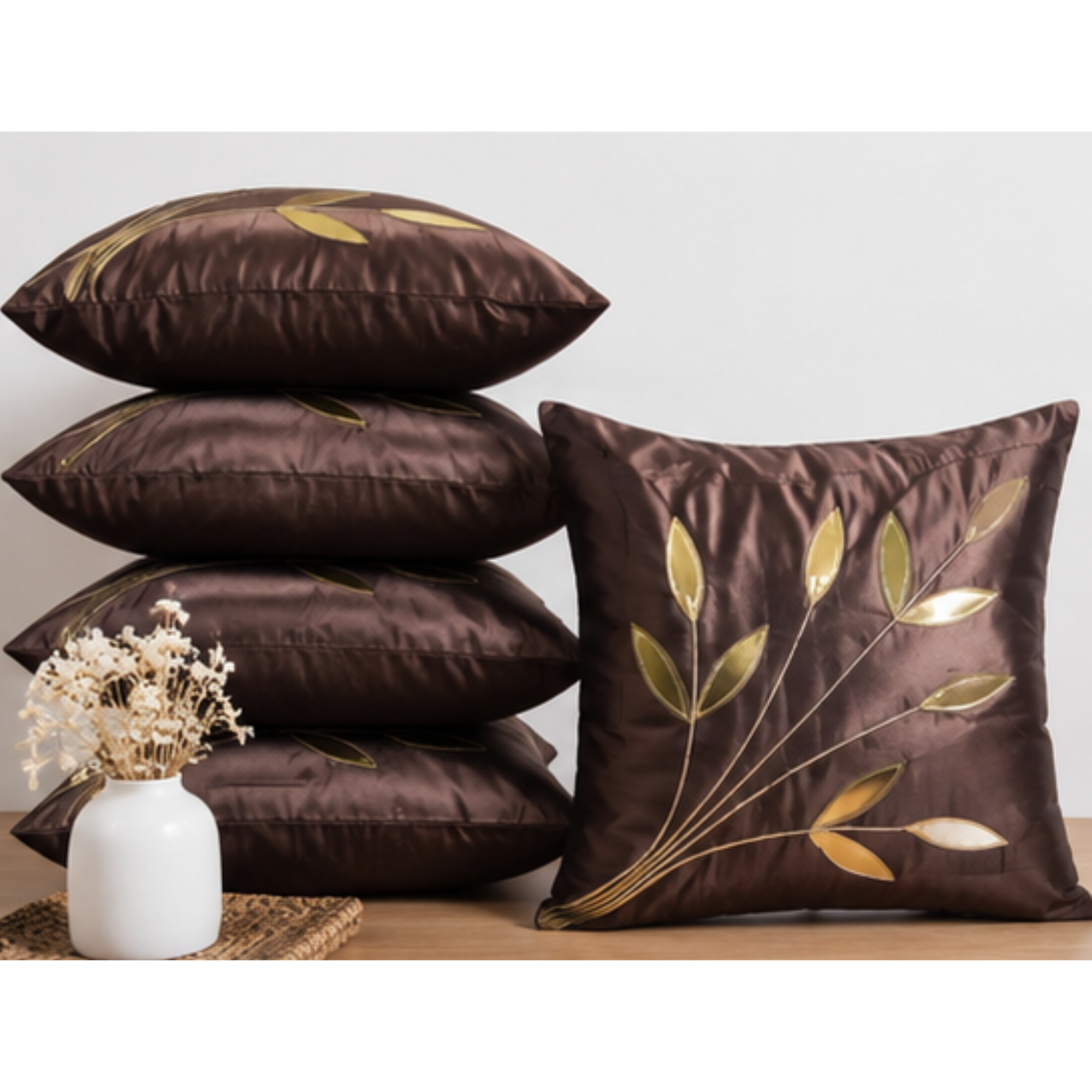 Gorgeous Brown Silk Cushion Covers – Elegant Leaf Embroidery