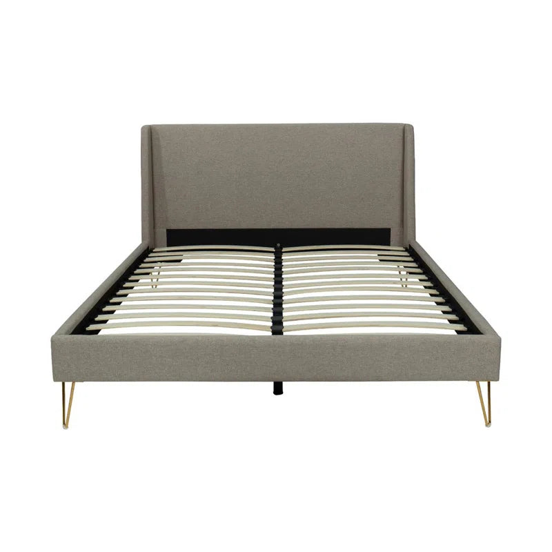 Upholstered Bed Frame With Angled Brass Legs, Easy To Assemble, Fabrics Headboard, Stylish, Comfy