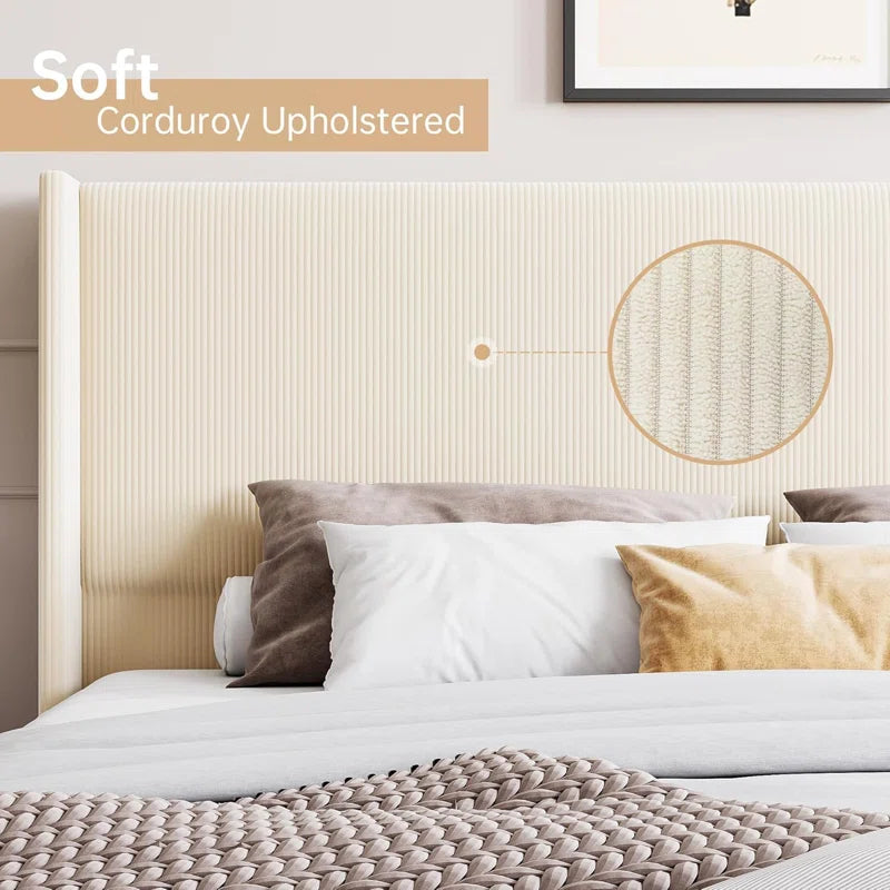 Upholstered Corduroy Bed Frame, Bed Frame with Wingback Headboard