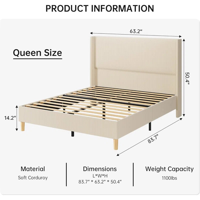 Upholstered Corduroy Bed Frame, Bed Frame with Wingback Headboard