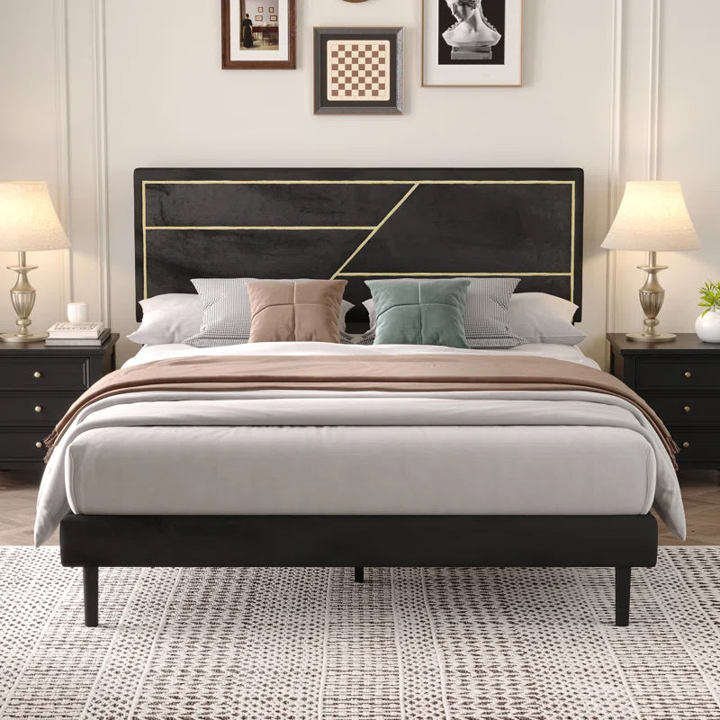Upholstered Platform Bed, Modern Bed Frame with Velvet Headboard, No Spring Boxing Needed