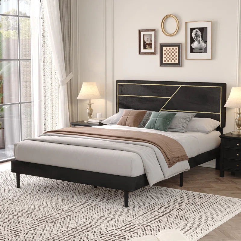 Upholstered Platform Bed, Modern Bed Frame with Velvet Headboard, No Spring Boxing Needed