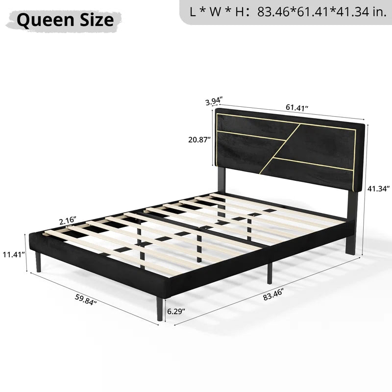 Upholstered Platform Bed, Modern Bed Frame with Velvet Headboard, No Spring Boxing Needed