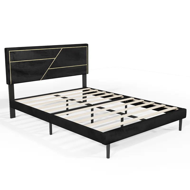 Upholstered Platform Bed, Modern Bed Frame with Velvet Headboard, No Spring Boxing Needed