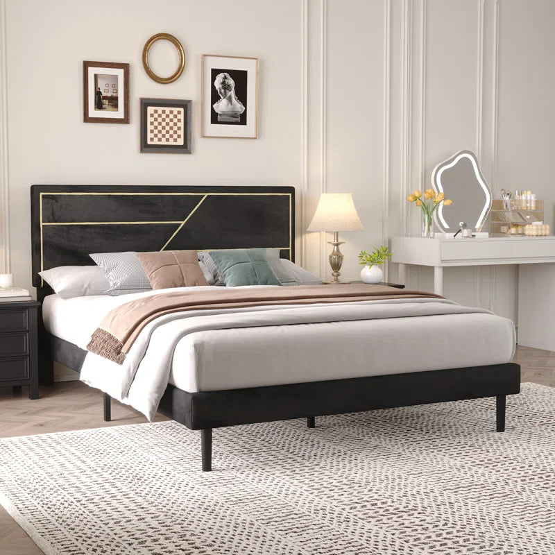 Upholstered Platform Bed, Modern Bed Frame with Velvet Headboard, No Spring Boxing Needed