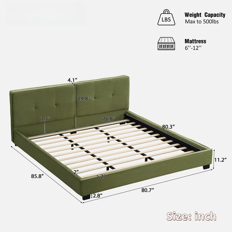 Upholstered Platform Bed With Curved Tufted Headboard, Soft Square Corners