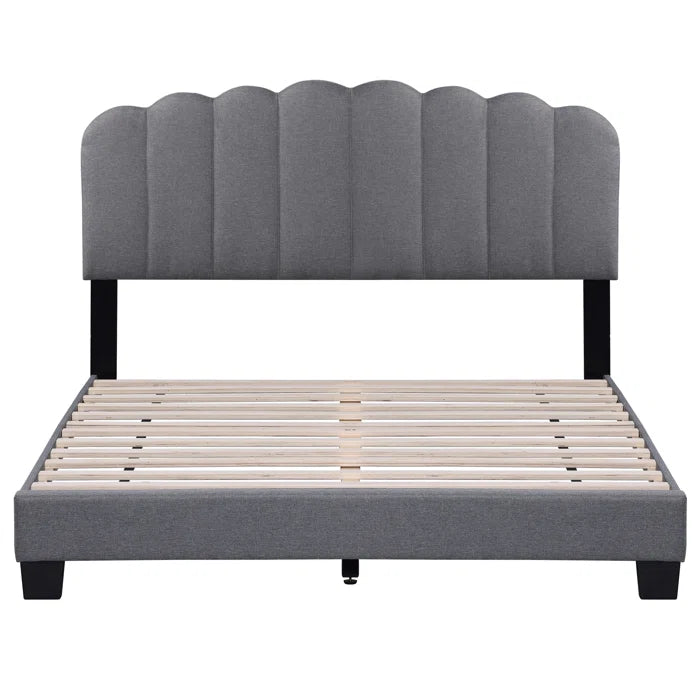 Upholstered Platform Bed With Velvet And Striped Headboard