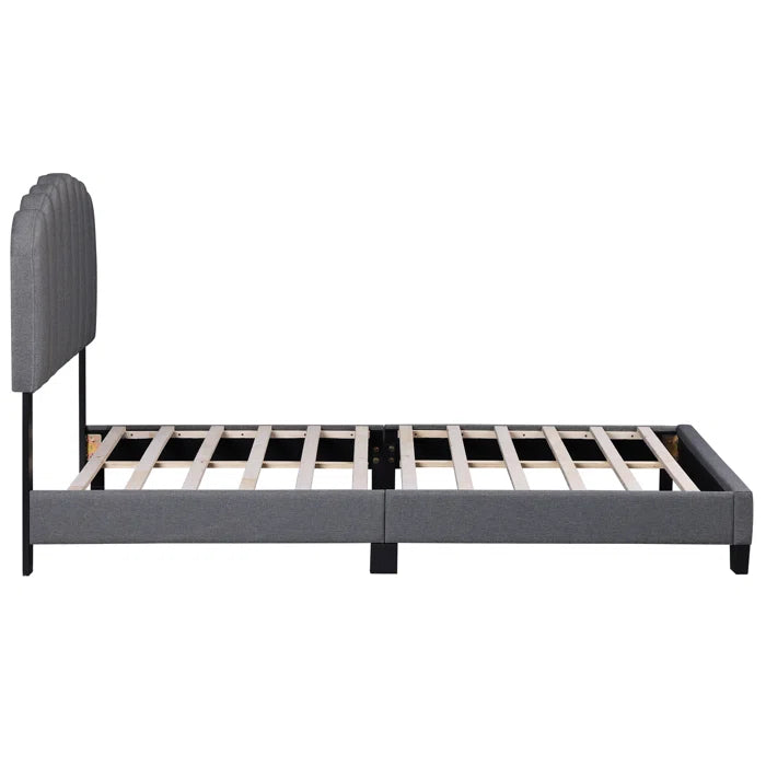Upholstered Platform Bed With Velvet And Striped Headboard