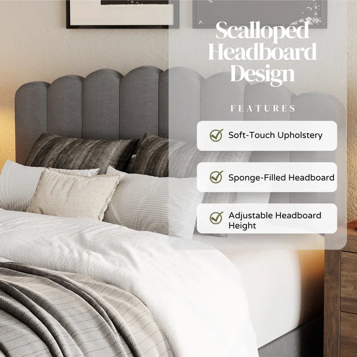 Upholstered Platform Bed With Velvet And Striped Headboard