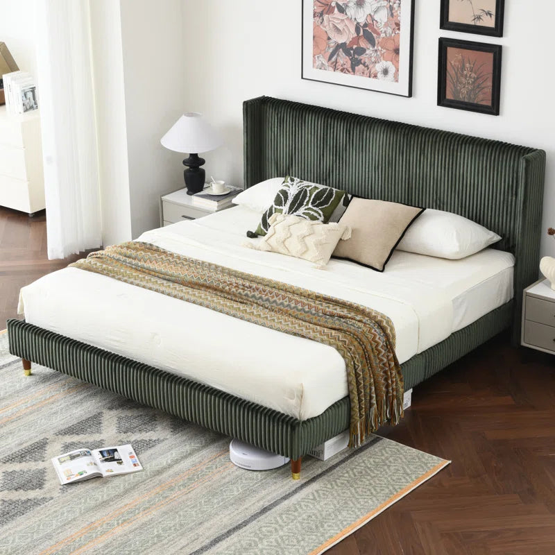Upholstered Platform Bed with Ornate Wingback Headboard and Comfortably Soft Fabric Upholstery