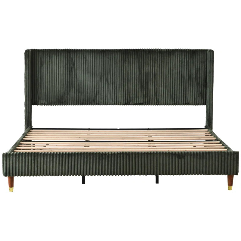 Upholstered Platform Bed with Ornate Wingback Headboard and Comfortably Soft Fabric Upholstery