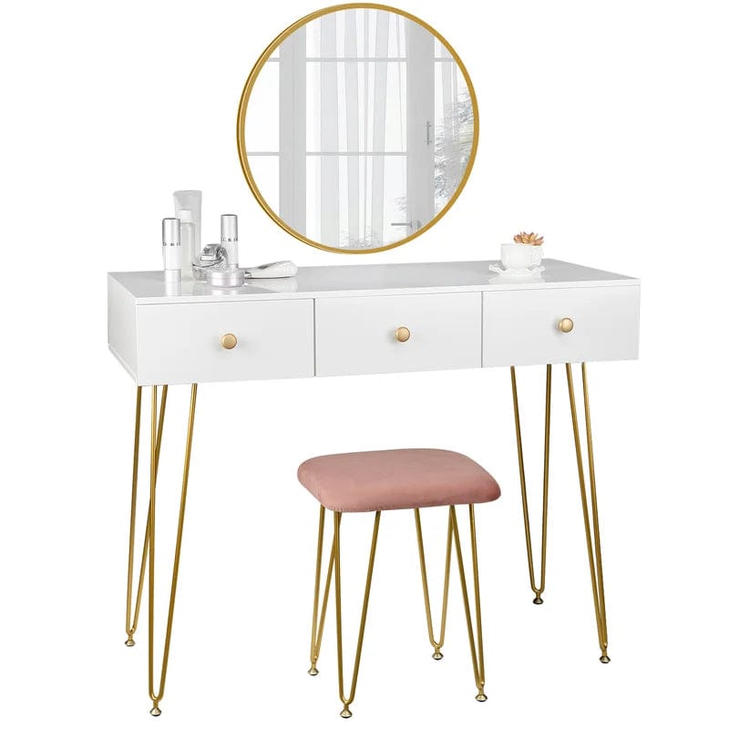 Acrylic Vanity Desk - Makeup Vanity Table - Dressing Table for Bedroom, Dressing Room, Large Storage Space, Gold Metal Legs