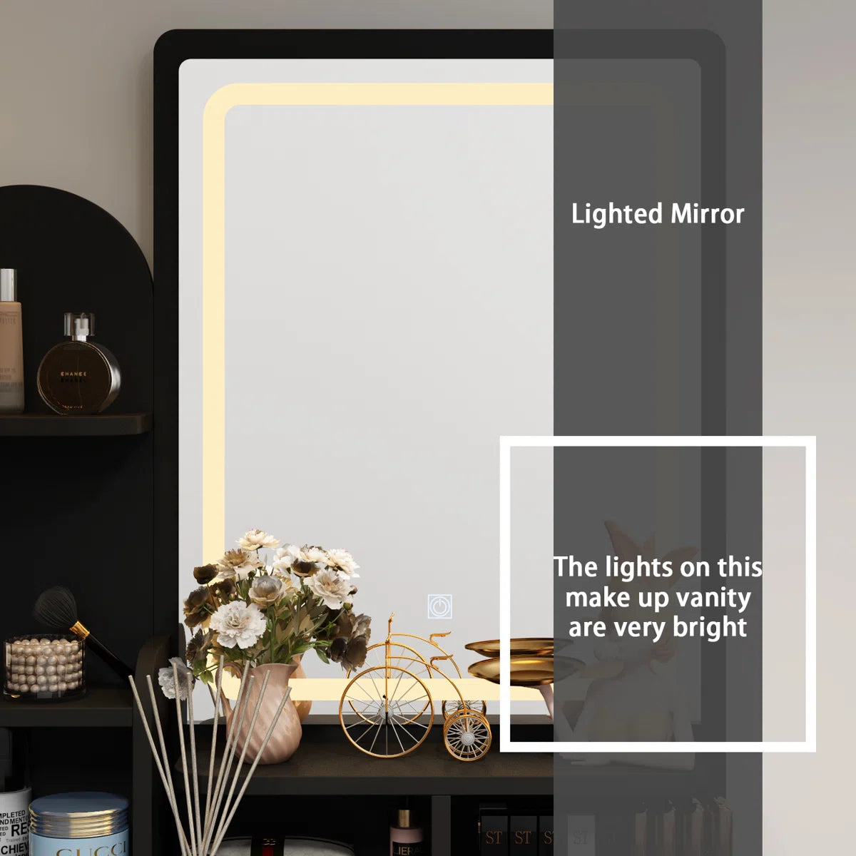 LED Lighted Makeup Vanity with Touch Screen Mirror & 5 Drawers – Modern Wooden Dressing Table with Stool